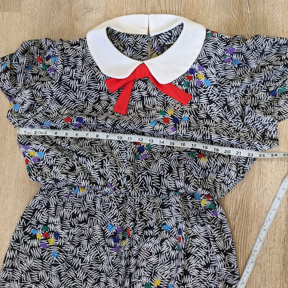 Vintage 80s Peter Pan Collar Abstract Dress L Bow Tie Blouson Art Teacher Quirky - Picture 13 of 16